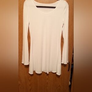 Fit & Flare Long Sleeve Ribbed White Dress, Mini Size Large